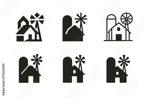 Farmhouse Emblem Logos. A rustic farmhouse with a windmill in the distance. Set Logo of A rustic farmhouse with a windmill in the distance: Silhouette of a