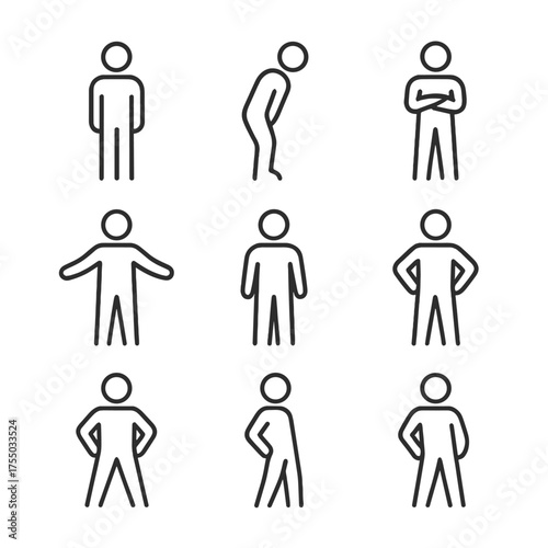 Body Posture Icons. Outline icon set of body posture cues: straight back, leaning forward, crossed arms, open stance, shoulders