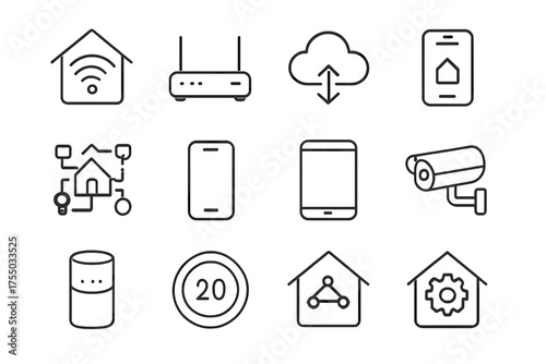 Smart Home Icons. Smart home network. Line icon set of Smart home network: Wi-Fi hub, router, cloud server, app interface, connected devices, smartphone,