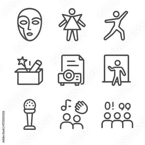 Avant-Garde Performance Icons. Outline icon set of avant-garde performance: abstract mask, experimental costume, multimedia