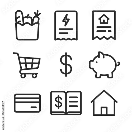 Household Expenditure Icons. Outline icon set of household expenditure patterns: grocery bag, utility bill, rent receipt, shopping