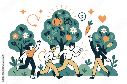 Vibrant Biodiverse Wonderland. Biodiversity. Glowing trees with fruits, vegetables, and flowers all mixed within one landscape. Floating icons of sparkle,