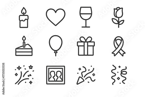 Candlelight Icon Set. Candlelight moments. Line icon set of Candlelight moments: candle, heart, wine glass, rose, cake, balloon, gift box, ribbon, confetti,