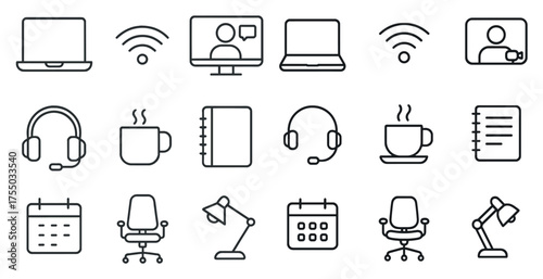 Remote work outline icons set – line, office, communication and workspace designs