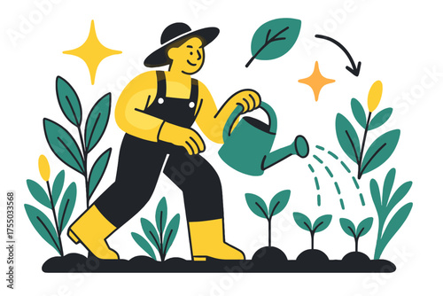 Cultivation of Renewal. Farmer care. Glowing person watering small saplings while surrounding crops thrive. Floating icons of sparkle, leaf, and star