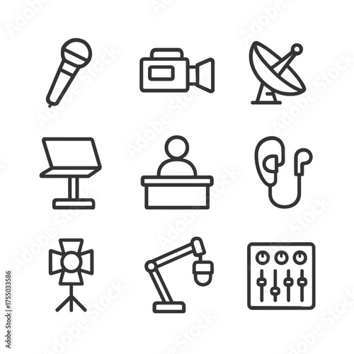 Broadcast Equipment Icons. Outline icon set of news broadcasting equipment: microphone, camera, satellite dish, teleprompter, news