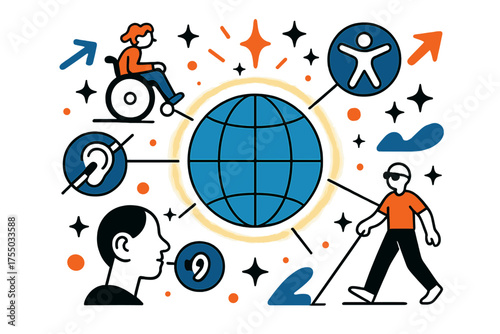 Global Inclusivity Icons. Universal Access. A glowing globe connected with accessibility icons, abstract floating spark and arrow shapes symbolizing global