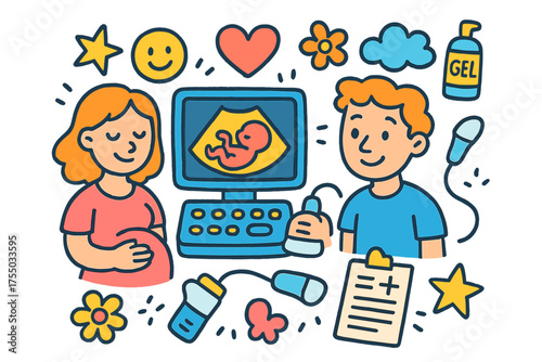 Colorful Ultrasound Doodle. Baby Ultrasound. Colorful Hand-drawn doodle Children illustration baby outline, monitor, ultrasound machine, probe, mother, father,