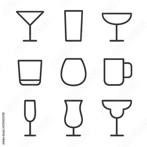 Cocktail Glassware Icons. Outline icon set of cocktail glassware: martini glass, highball glass, coupe glass, rocks glass,