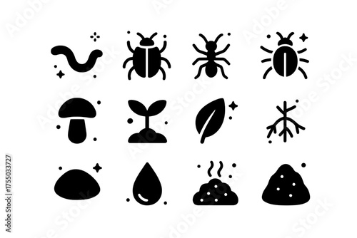 Soil Biodiversity Icons. Biodiversity in soil. Solid icons set of Biodiversity in soil: earthworm, beetle, ant, bug, mushroom, sprout, leaf, root, stone,