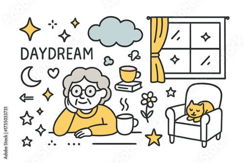 Elderly Daydream Delight. Daydream. Hand-drawn doodle illustration elderly person (colored), cloud (colored), window (colored), sparkle, star, curtain, chair,