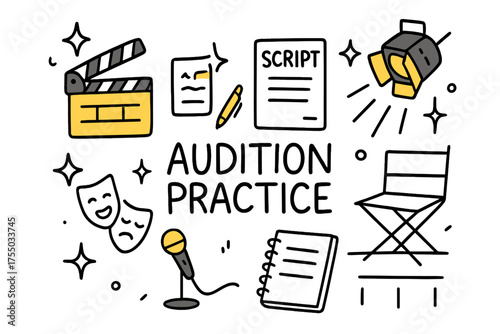 Audition Elements Doodle. Audition Practice. Hand-drawn doodle illustration clapperboard (colored), script (colored), spotlight (colored), sparkle, star,