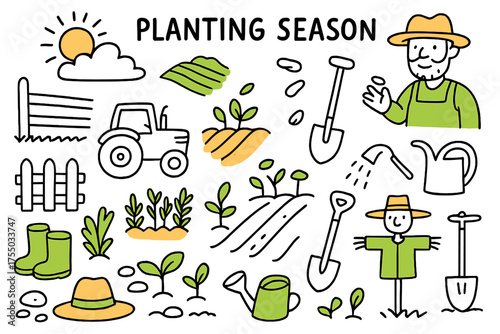 Farm life icons. Planting Season. Hand-drawn doodle illustration Farmer, furrow, seeds, plowed field, hoe, shovel, tractor, watering can, wheelbarrow, sprouts,