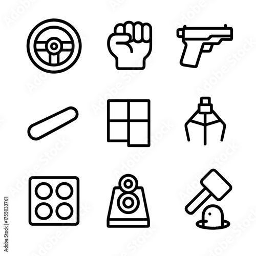 Classic Arcade Icons. Outline icon set of classic arcade games: racing wheel, fighting glove, shooting gun, pinball flipper,