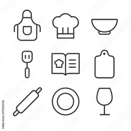 Cooking Icon Set. Outline icon set of shared cooking hobbies: apron, chef’s hat, mixing bowl, spatula, recipe book, cutting board,