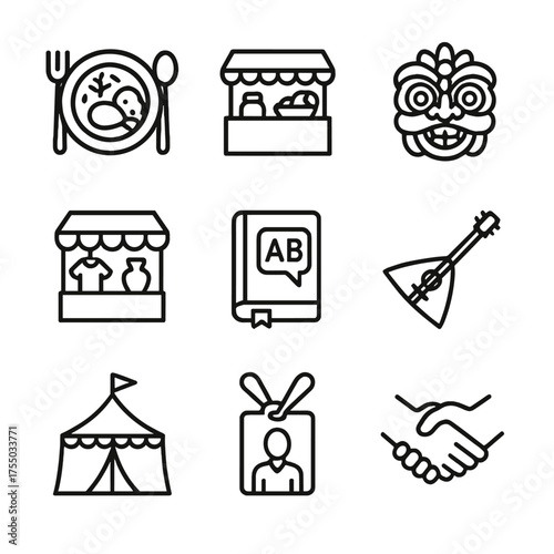 Cultural Icons Set. Outline icon set of cultural experiences: local cuisine plate, street market stall, traditional dance mask,