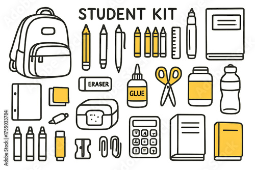 Student Essentials Doodle. Student Kit. Hand-drawn doodle illustration Backpack, pencil, pen, notebook, eraser, ruler, scissors, glue, crayons, colored