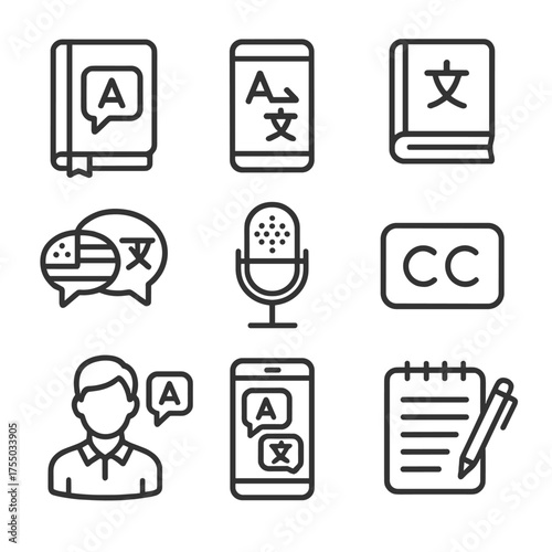 Cross-Cultural Language Icons. Outline icon set of cross-cultural language tools: phrasebook, translation app, bilingual