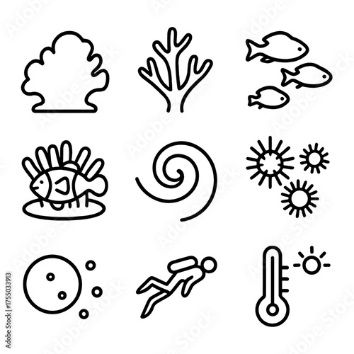 Coral Reef Icon Set. Outline icon set of coral reef current dynamics: coral head silhouette, branching coral, reef fish school,