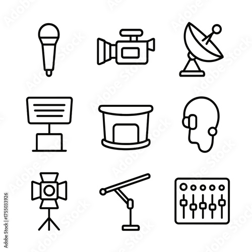 Broadcast Equipment Icons. Outline icon set of news broadcasting equipment: microphone, camera, satellite dish, teleprompter, news
