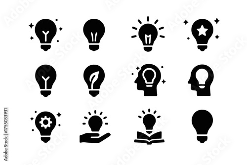 Glowing Bulbs Icons. Bright idea. Solid icons set of Bright idea: glowing bulb, filament bulb, bulb with rays, bulb with star, bulb with lightning, bulb with