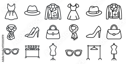 Fashion and apparel outline icons set – linear, silhouette, clothing and accessory symbols
