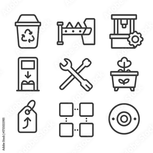 Circular Economy Icons. Outline icon set of circular economy processes: recycling bin, material sorting conveyor, remanufacturing