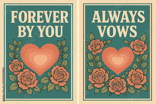 Retro Wedding Banners. Wedding. Two vertical A6 banners with safe margins, centered composition, no elements touching edges, retro style, coral and teal,