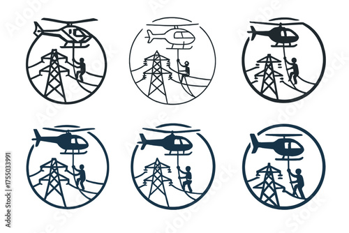 Electrical Logo Variations. Electrical line installers repairing power lines. Set Logo of Electrical line installers repairing power lines: