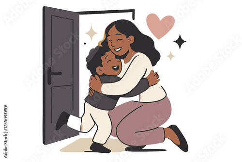 Heartfelt Homecoming Hug. Tender reunion. Glowing mother hugging child at doorstep after being apart. Floating icons of sparkle, star, and heart symbolizing
