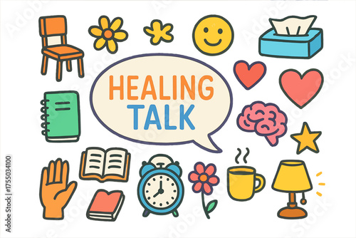 Healing Conversation Icons. Healing Talk. Colorful Hand-drawn doodle Children illustration speech bubble, chair, notebook, brain, tissue box, heart, star,