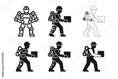 Robotic Exoskeleton Logos. Robotics in modern business. Set Logo of Robotics in modern business: wearable robotic exoskeleton assisting a worker. harmonious