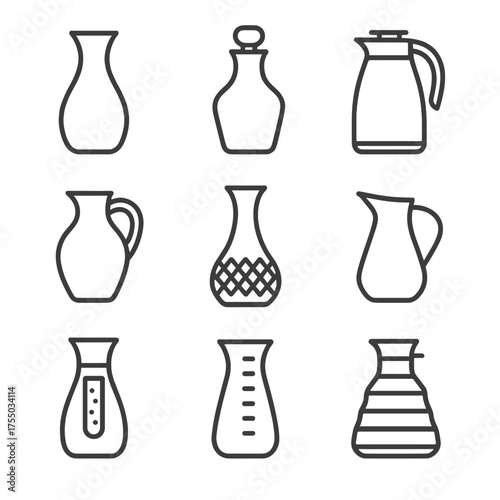 Carafe Outline Icons. Outline icon set of water carafe designs: classic glass carafe, decanter with stopper, insulated stainless