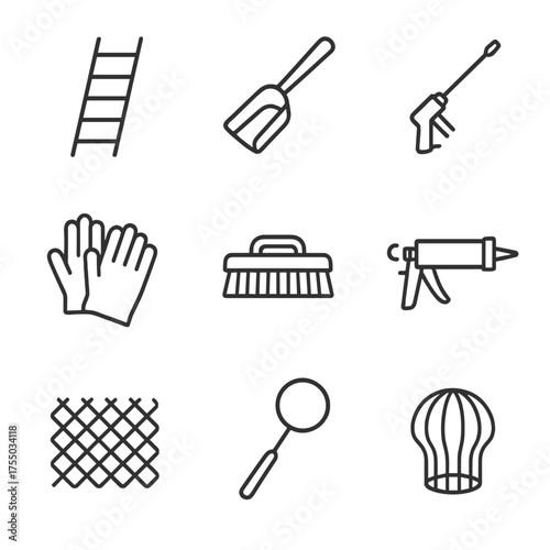 Gutter Maintenance Icons. Outline icon set of gutter maintenance tools: extension ladder, gutter scoop, pressure washer nozzle,