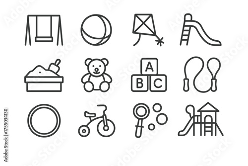 Fun with Kids Icons. Fun with kids. Line icon set of Fun with kids: swing, ball, kite, slide, sandbox, teddy bear, toy blocks, jump rope, hula hoop, tricycle,