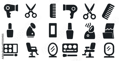 Hair salon solid icons set – flat, filled, beauty and grooming symbols
