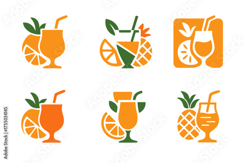 Cocktail Logo Variations. Cocktail Combinations. Set Logo of Cocktail Combinations: tropical fruits beside cocktails. harmonious logo variations of the same