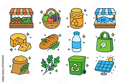 Colorful Market Icons. Community Market. Colorful isometric vector icons set of community market: vegetable stall, fruit basket, honey jar, fish stand, cheese