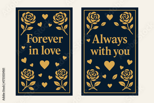 Forever in Love. Forever in love. Two vertical A6 banners with safe margins, centered composition, no elements touching edges, bold, navy and gold, roses and
