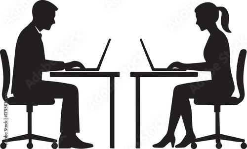 "Office Teamwork Silhouette – Remote Work, Laptop Collaboration, Modern Workplace Vector"