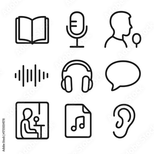 Audiobook Production Icons. Outline icon set of audiobook production: book, microphone, narrator silhouette, audio waveform,