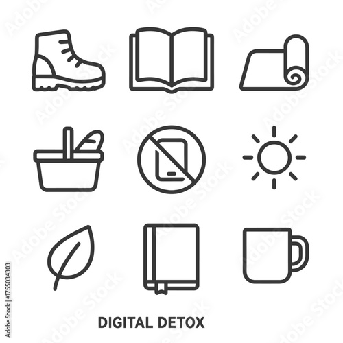 Digital Detox Icons. Outline icon set of digital detox activities: hiking boot, open book, yoga mat, picnic basket, no-phone sign,