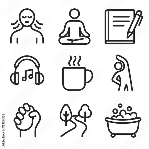 Coping Strategies Icons. Outline icon set of coping strategies under pressure: deep breathing, meditation pose, journal and pen,