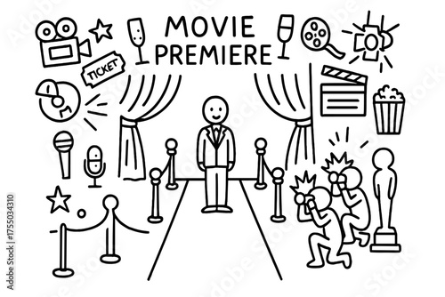 Premiere Night Doodles. A movie premiere with a red carpet and photographers snapping pictures. Hand-drawn doodle illustration movie premiere red carpet,