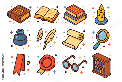 Colorful Antique Books Icons. Antique Books. Colorful isometric vector icons set of antique books: leather-bound book, open book, book stack, candle, ink