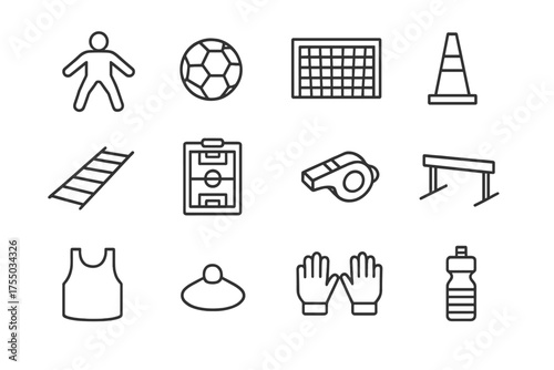 Goalkeeping Icon Set. Goalkeeping drills. Line icon set of Goalkeeping drills: goalkeeper silhouette, soccer ball, goalpost, cone, agility ladder, coach