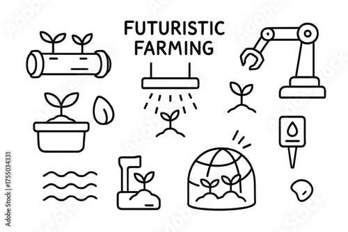 Futuristic Farming Doodles. Futuristic Farming. Hand-drawn doodle illustration Futuristic Farming hydroponic tube robot arm light panel seedling planter water
