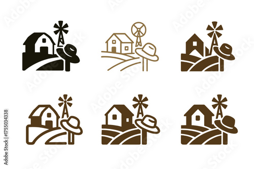Farmhouse Logo Variations. A rustic farmhouse with a windmill in the distance. Set Logo of A rustic farmhouse with a windmill in the distance: Farmer's hat