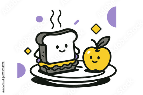 Simple Lunch Artistry. Humble Lunch. Simple sandwich and fruit on plate, floating abstract geometric shapes and subtle steam, cozy casual scene. Modern