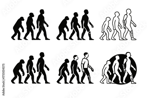 AI Body Evolution Logos. Evolution of human bodies through AI. Set Logo of Evolution of human bodies through AI: prosthetic limb (arm). harmonious logo